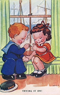 WW2 era - Comic Postcard - Trying it on WW2 era - Comic Postcard - Trying it on