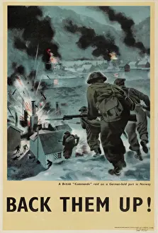 Prints of Back Them Up! Colour photolithograph printed by Fosh and Cross Ltd, published by HMSO. Showing a British Commando raid on a German-held port in Norway. Date: 1940 Norway Prints: WW2 Print: British Commando Raid on Norway, 1940