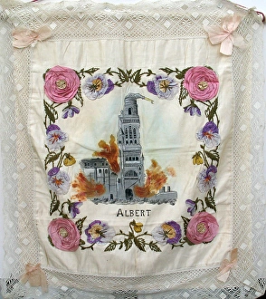 WWI silk and lace cushion - destruction of Albert WWI silk and lace cushion - destruction of Albert