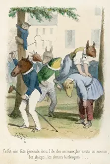 Young Animals at Play Print - Leapfrog, Hobbyhorse, Climbing Trees