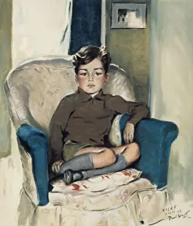 Prints of A young boy, wearing shorts and long, grey knee socks pictured in 1944 in a large armchair - the artists son, Nicky. Date: 1944 Wright Brothers Prints: David Wright Print - Young Boy in Armchair, 1944
