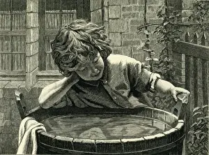 Victorian Era Print: Young Boy Washing circa 1890