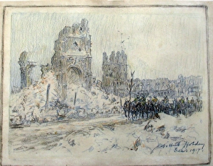 Ypres - Artillery convoy on road passing St Martins Church Ypres - Artillery convoy on road passing St Martins Church