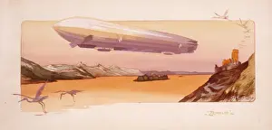Air Transport Technology Prints: Zeppelin hovering over a river