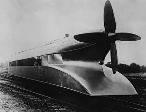 Prints of The Rail Zeppelin, an experimental vehicle developed and tested by Franz Kruckenberg in 1930 - 1931. It was capable of speeds of well over 200 kilometers per hour. Date: 1930s Railway Prints: Zeppelin Train Print: Experimental Rail Zeppelin 1930s