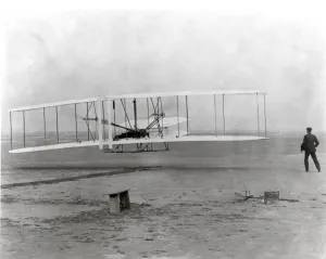 Prints of On December 17, 1903, at 10:30 am at Kitty Hawk, North Carolina, this airplane arose for a few seconds to make the first powered, heavier-than-air controlled flight in history World War I Prints: Print of The Wright Brothers' First Powered Flight