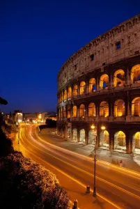 Car Light-Trail Print in Front of the Roman Coliseum at Dusk