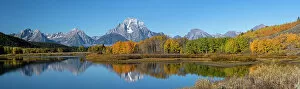 Danita Delimont Collection: USA, Wyoming. Reflection of Mount Moran and autumn aspens at the Oxbow, Grand Teton National Park