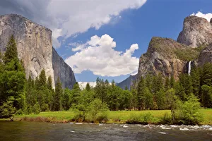 Yosemite Valley with Merced River in the foreground, Bridal Veil Falls on the right hand Yosemite Valley with Merced River in the foreground, Bridal Veil Falls on the right hand
