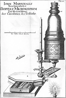 Prints of 18th century microscope. Historical artwork of a compound microscope built by the Englishman John Marshall Images Dated 2003 February: 18th Century Microscope Print