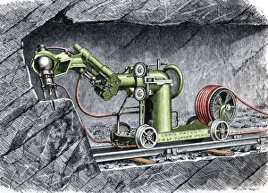 Prints of 19th-century mining machine. Artwork of the rock- boring machine invented and patented by George Low and manufactured by E. R. and F. Turner of Ipswich, England Images Dated 2006 May: Rock-boring Machine Print