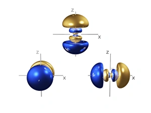 Prints of 2p electron orbitals, computer model. An electron orbital is a region around an atomic nucleus (not seen) in which one or a pair of electrons is most likely to exist Images Dated 2005 May: Computer model of 2p electron orbitals, Print