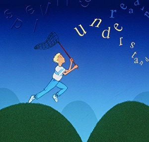 Abstract artwork of a dyslexic boy chasing words Abstract artwork of a dyslexic boy chasing words