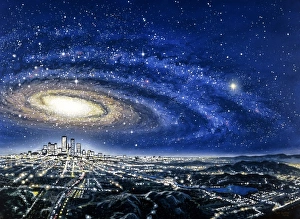 Abstract artwork of a spiral galaxy over a city Abstract artwork of a spiral galaxy over a city
