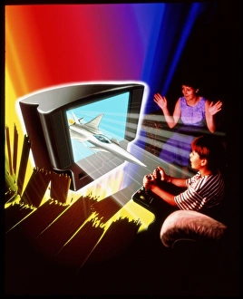 Abstract illustration of boy playing video game Abstract illustration of boy playing video game