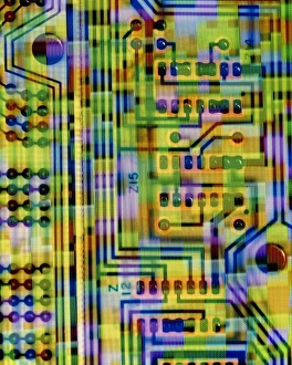 Prints of Circuit board. Abstract image of a circuit board photographed through a lens filter. Circuit boards are comprised of separate components connected by electrical pathways Painting Prints: Abstract Circuit Board Print
