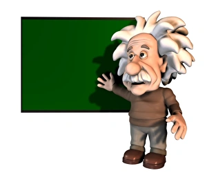 Prints of Albert Einstein. Cartoon of the Swiss-German physicist Albert Einstein (1879-1955) in front of a blackboard Images Dated 2009 February: Albert Einstein Print - Blackboard Lecture
