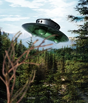 UFO Prints: Alien Spaceship Print over a Forest Landscape