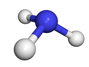 Prints of Ammonia. Computer model of a molecule of ammonia(NH3). Atoms are represented as spheres and are colour coded: nitrogen (blue) and hydrogen (white). Ammonia is a pungent-smelling colourless gas Images Dated 2006 June: Ammonia Molecule Print