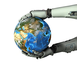 Prints of World controlled by androids, conceptual image. Computer artwork of the Earth held in the hands of an android, representing a world dominated by android robots Images Dated 2007 October: Android Print: Earth Held by Robot