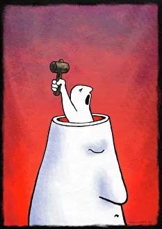 Anger Print - A man's head with a small figure inside holding a hammer