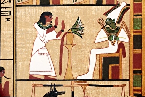 Prints of An illustration from the Book of the Dead depicting the deceased scribe Ani in adoration of Osiris, the god of the dead, the underworld and the afterlife Images Dated 2012 July: Ani and Osiris Print