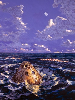 Prints of Apollo mission splashdown. Artwork of an Apollo mission command module on the surface of the ocean after splashdown (landing) Images Dated 2004 November: Apollo Command Module Splashdown Print