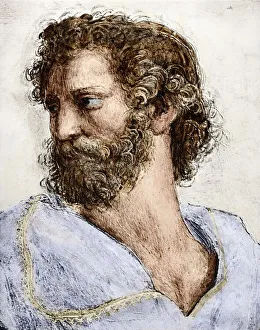 Prints of Aristotle as depicted by Raphael in The School of Athens. Athenian philosopher and logician, he studied under Plato in Athens Raphael Prints: Aristotle Print