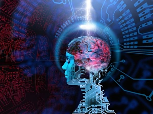 Artificial Intelligence Print: Cyborg Brain on Circuit Board