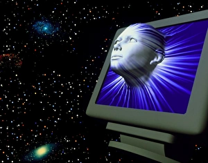 Artificial intelligence: face from computer screen Artificial intelligence: face from computer screen