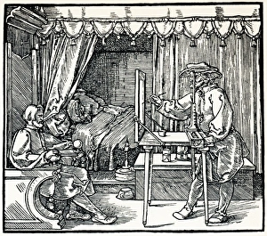 Prints of Artist using a sight vane to draw a seated man on a pane of glass. This woodcut was made by the German artist Albrecht Durer (1471-1528) Images Dated 2006 February: Albrecht Durer's Print of a Seated Man on Glass