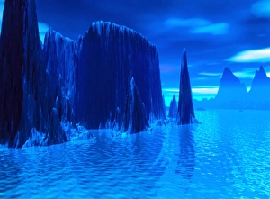 Artwork of alien landscape with cliffs and sea Artwork of alien landscape with cliffs and sea