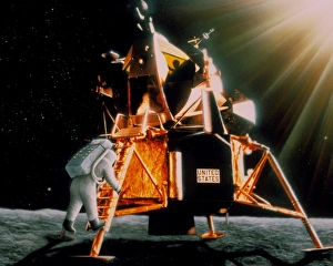Artwork of Armstrong descending Lunar Module steps Artwork of Armstrong descending Lunar Module steps