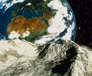 Artwork of an asteroid approaching Earth Artwork of an asteroid approaching Earth