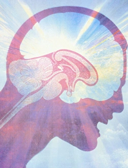 Artwork of brain over face of man with headache Artwork of brain over face of man with headache