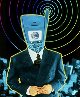 Artwork of a businessman with a mobile phone head Artwork of a businessman with a mobile phone head