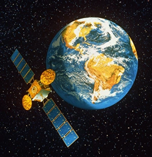 Artwork of a communication satellite over Earth Artwork of a communication satellite over Earth
