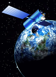 Artwork of a communications satellite over Earth Artwork of a communications satellite over Earth