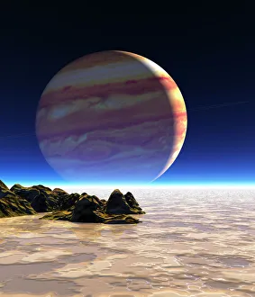 Artwork of Europas surface with Jupiter in sky Artwork of Europas surface with Jupiter in sky