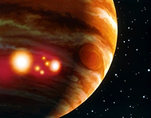 Artwork of first comet impacts on Jupiter, 1994 Artwork of first comet impacts on Jupiter, 1994