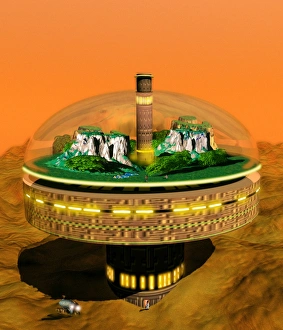 Artwork of futuristic colony on an alien landscape Artwork of futuristic colony on an alien landscape