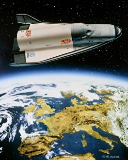 Artwork of Hermes space shuttle orbiting Europe Artwork of Hermes space shuttle orbiting Europe