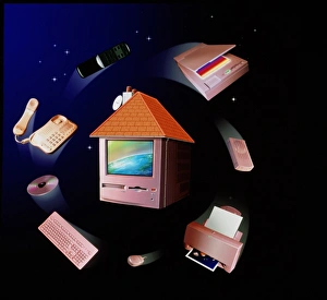 Artwork of home computer & collage of peripherals Artwork of home computer & collage of peripherals