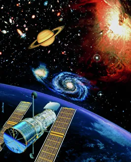 Artwork of Hubble Space Telescope over Earth Artwork of Hubble Space Telescope over Earth