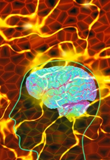 Artwork of human head with brain and light trails Artwork of human head with brain and light trails