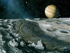 Artwork of Jupiter rising above Ganymedes surface Artwork of Jupiter rising above Ganymedes surface