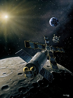 Artwork of lunar lander docking with space station Artwork of lunar lander docking with space station