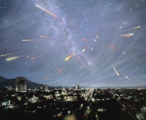 Artwork of meteor shower over a city Artwork of meteor shower over a city