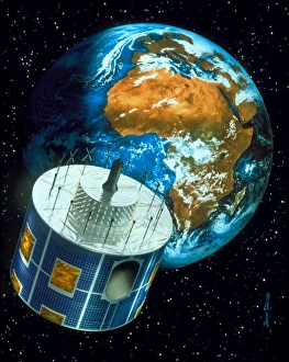 Artwork of a Meteosat satellite orbiting the Earth Artwork of a Meteosat satellite orbiting the Earth