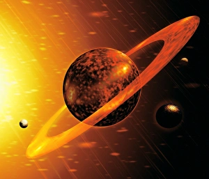 Artwork of red dwarf star with flares over planet Artwork of red dwarf star with flares over planet